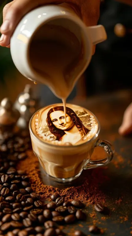 Barista Pouring Mona Lisa Latte Art in Espresso Glass