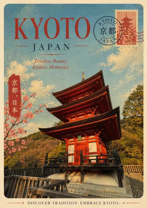 Retro Kyoto Travel Poster Art