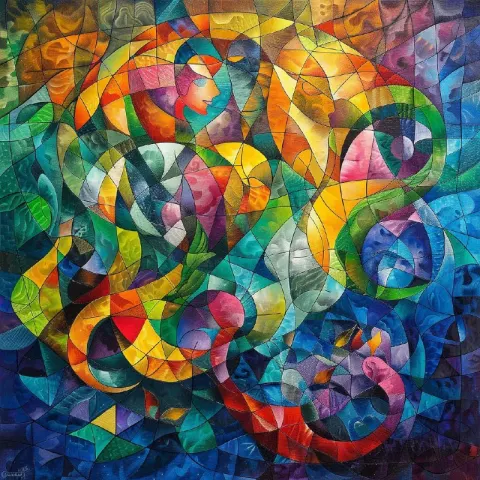 Colorful Cubism Painting of Mermaids Underwater