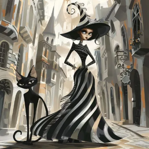 Tall Slender Woman and Cat in Striped Dress Urban Scene