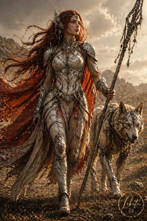 Fierce Warrior and Wolf at Golden Hour