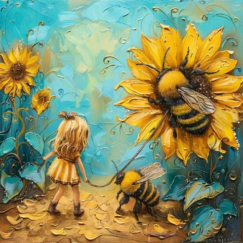 Girl Walking Giant Bumble Bee Through Sunflower Patch