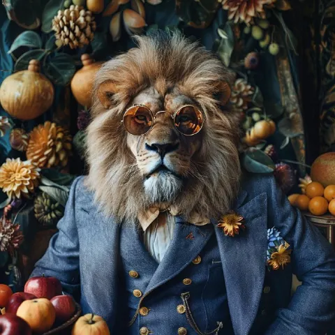 High Fashion Lion Portrait With Glasses and Fruit Hat