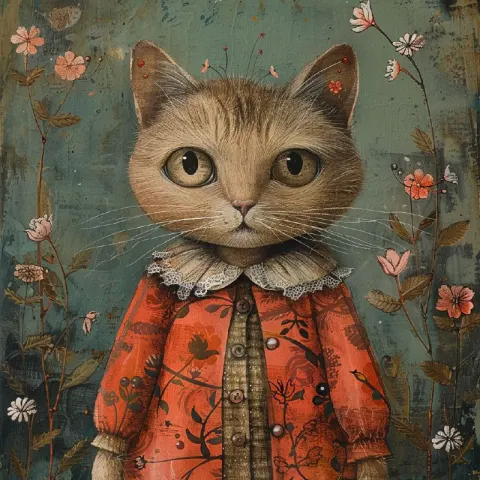 Whimsical Cat in Vintage Spring Clothes Mixed Media Art
