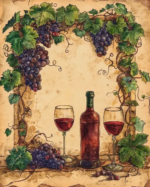 Vintage Wine Grapes and Glasses Recipe Card Border Art