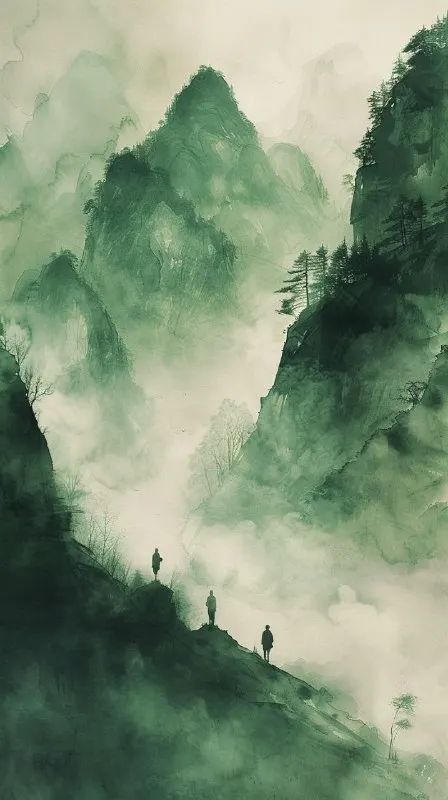Chinese Ink Landscape With Dancing Kids Minimalist Art