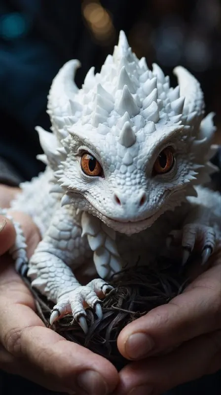 Newly Hatched Snow Dragon Cradled in Gentle Hands