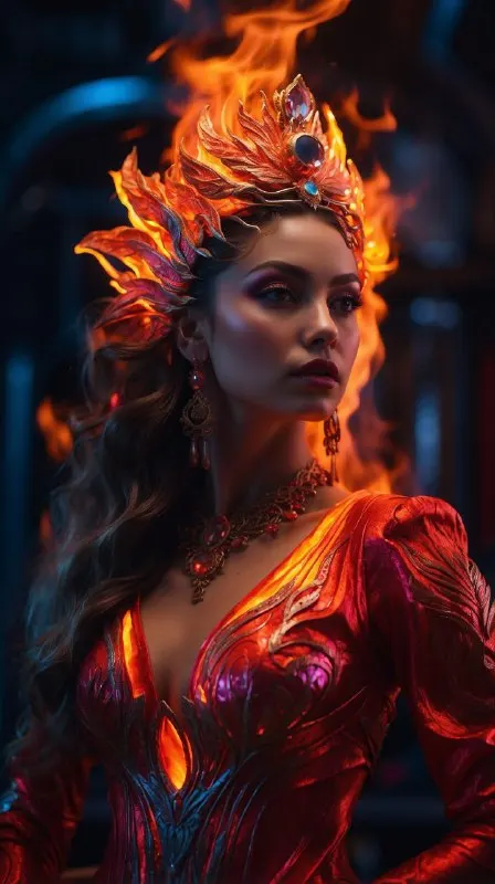 Fire Goddess in Flaming Red Dress Fantasy Portrait