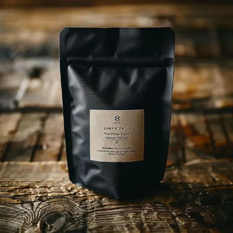 Premium Matte Black Pouch Packaging on Wood Background