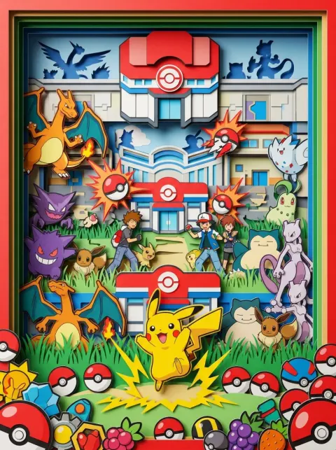 Paper-Cut Pokémon Diorama World