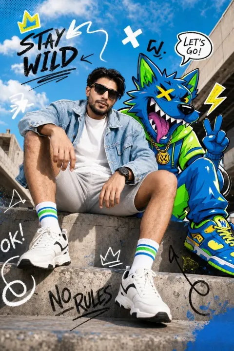 Confident Model Meets Neon Cartoon Animal