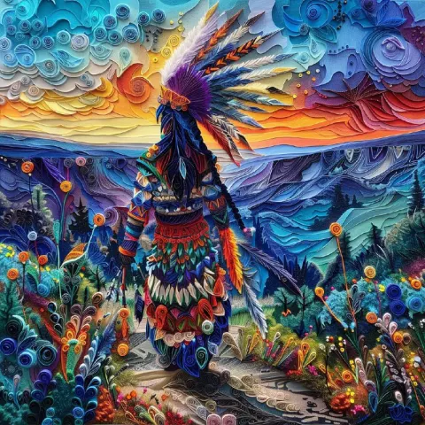 Feathered Native Man Walking Mountains Quilling Art