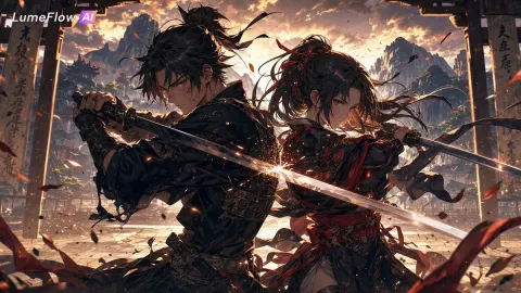 Anime Couple Sword Training At Sunrise