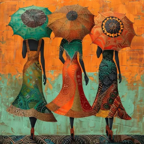 Three Women With Umbrellas in Traditional African Art