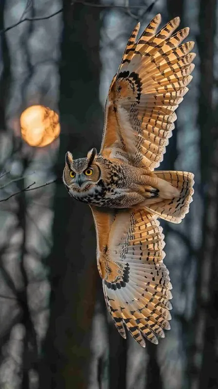 Owl in Flight Under Moonlight Telephoto Wildlife Shot