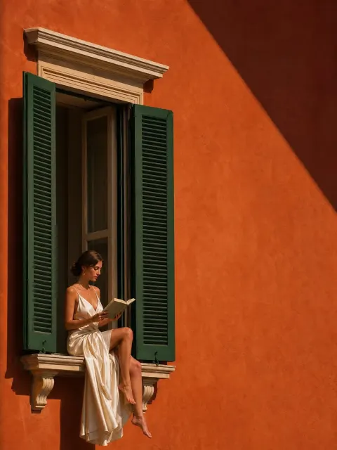 Elegant Woman Reading on Mediterranean Ledge