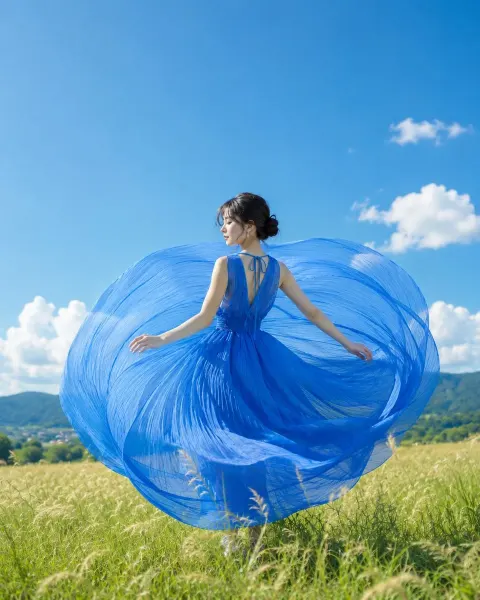Blue Dress Spin on Summer Plateau
