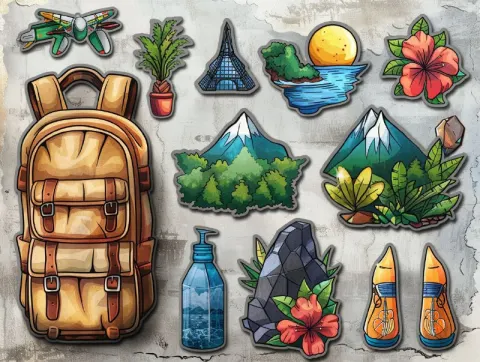 Travel Themed Cartoon Sticker Sheet on White Background