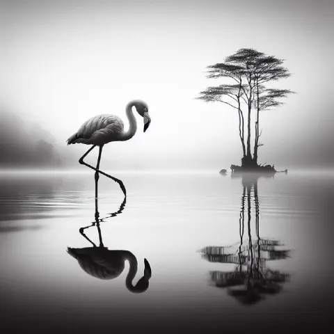 Minimalist Monochrome Flamingo Reflection on Misty Lake