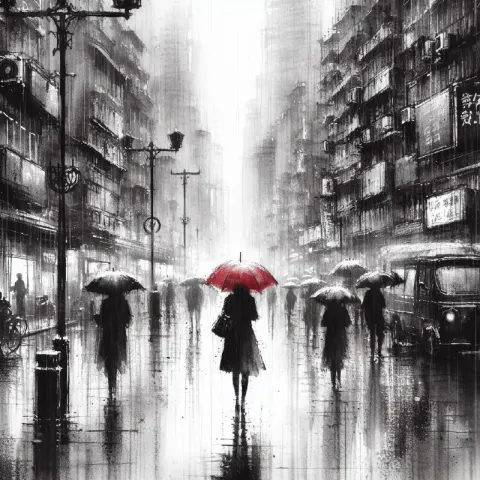 Rainy City Street With Red Umbrellas Ink Wash Art