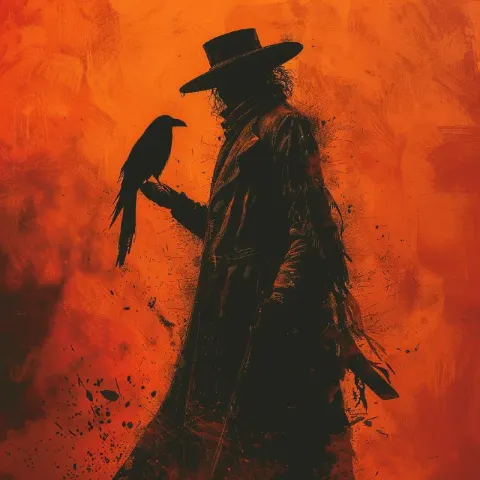 Shadowy Figure With Raven in Orange Fog Fantasy Art