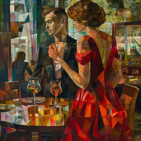 Cubist Oil Painting of Woman and Gentleman in Salon