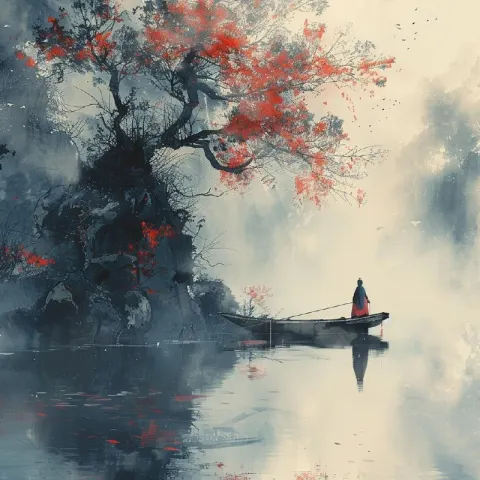 Han Dynasty Youth in Red on Misty Ink Painted Boat