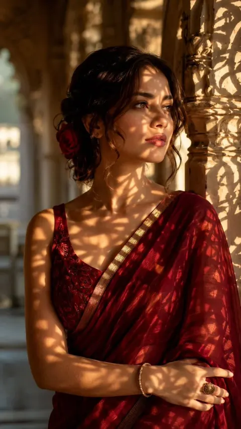 Crimson Saree Portrait in Heritage Palace
