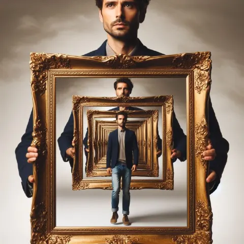 Droste Effect Man Holding Golden Frame Within Frame