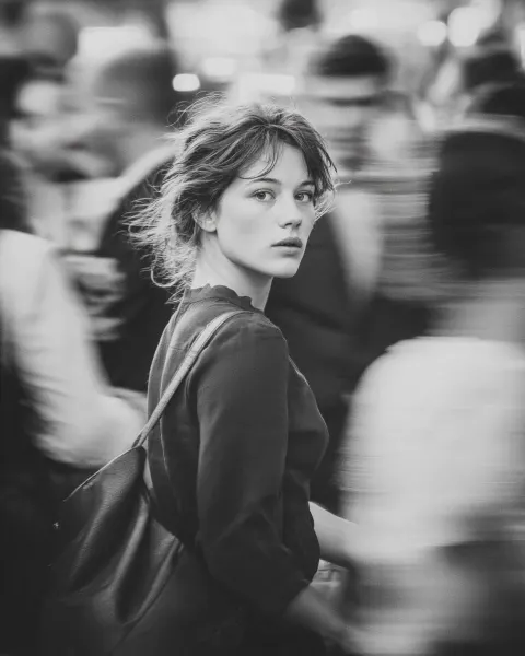 Cinematic Orange Coat Street Portrait