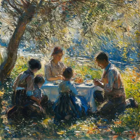 Monet Style Family Picnic in Sunny Park Oil Painting