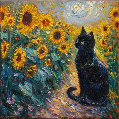 Black Cat Playing in Monet Sunflower Garden Painting