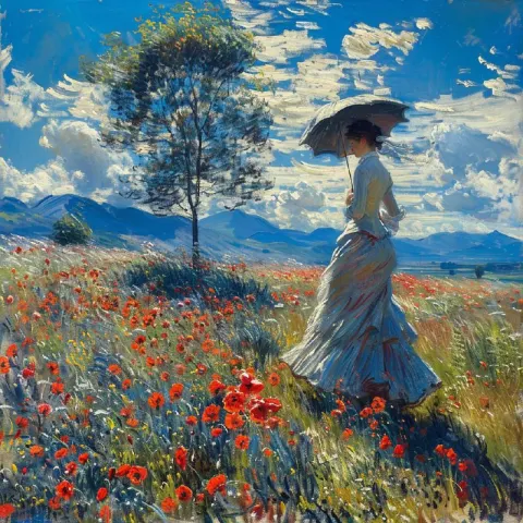 Monet Style Lady With Umbrella in Poppy Field Painting