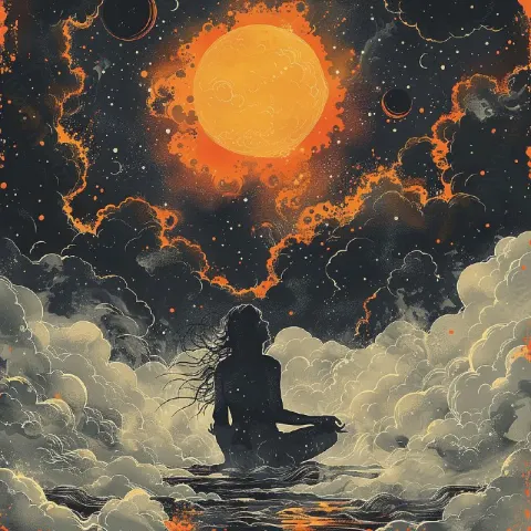 Meditating Figure With Head in Clouds Vintage Vector Art
