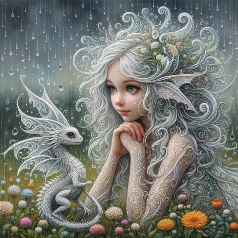 Fairy and Dragon in Wildflower Rain