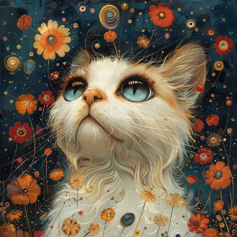 Valentine Cat Pointillist Painting in 1970s Chic Style