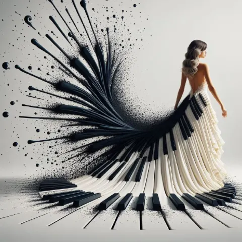 Woman in Piano Key Gown Hyperrealistic Fashion Photo