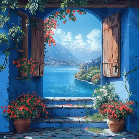 Blue Walls and Flower Pots Lakeside Window Oil Painting