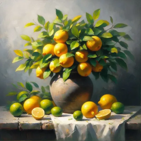 Lemon Tree Still Life Oil Painting in Bright Sunlight
