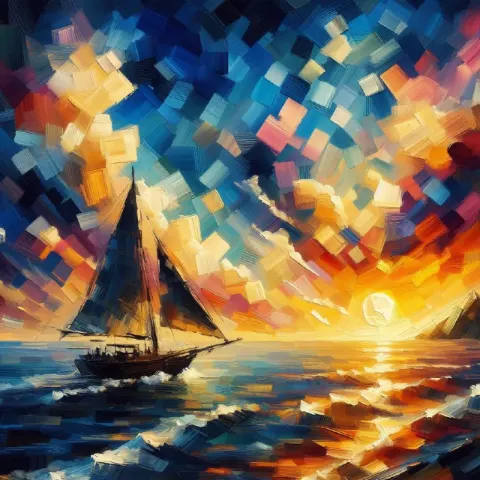 Geometric Impasto Sailboat on Sunset Ocean Artwork