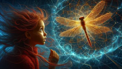 Young Girl with Fiery Dragonfly in Web