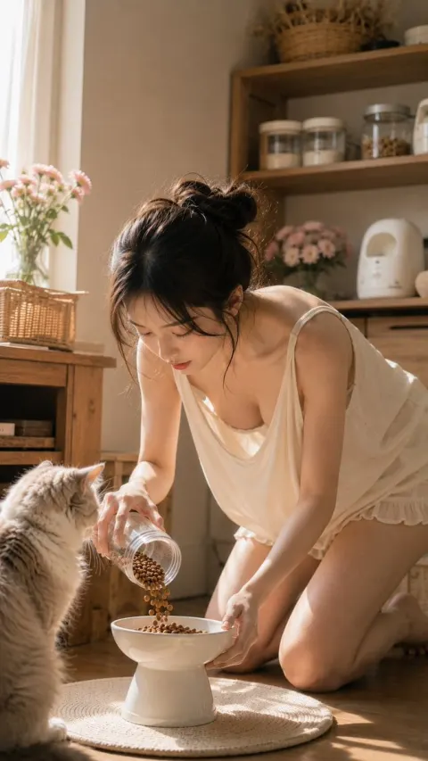 Morning Cat Feeding Girl