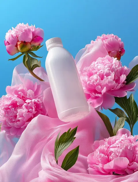 Floating Bottle Among Peonies