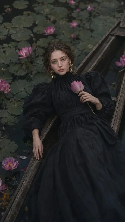 Dark Romantic Lotus Boat Fashion Editorial