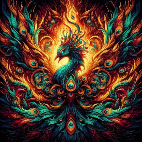 Glowing Tribal Art Peacock on Dark Colorful Background