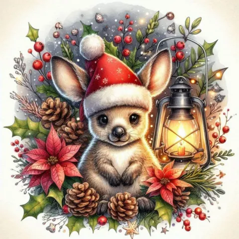 Baby Kangaroo in Santa Hat by Lantern