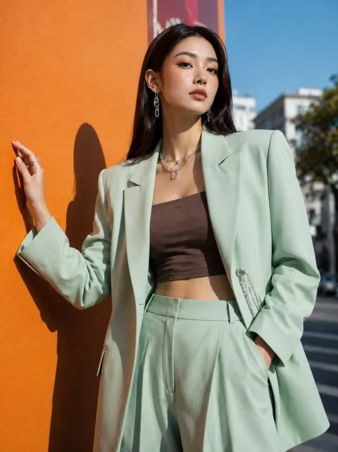Mint Blazer Orange Wall Fashion Editorial