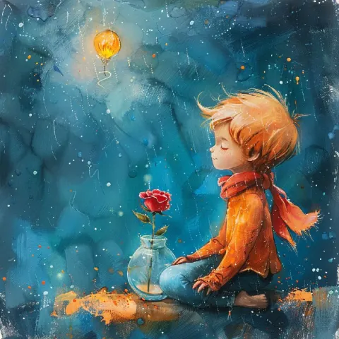 Little Prince With Rose in Rain Watercolor Painting