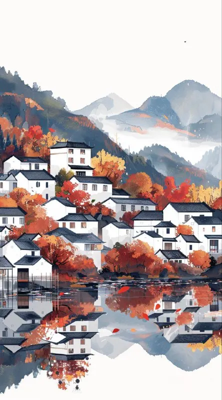 Chinese Water Town in Autumn Flat Vector Illustration