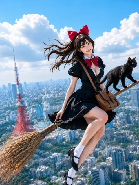 Witch Flying Over Tokyo Sky